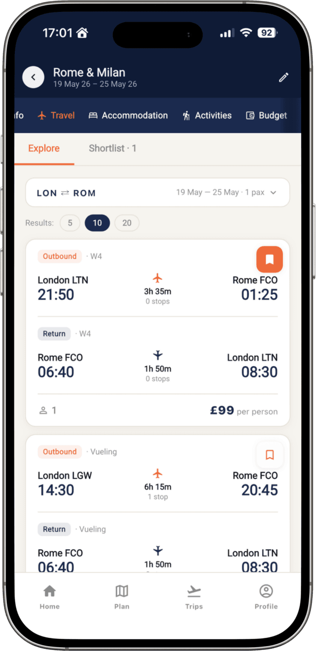 Trips Together app — flights
