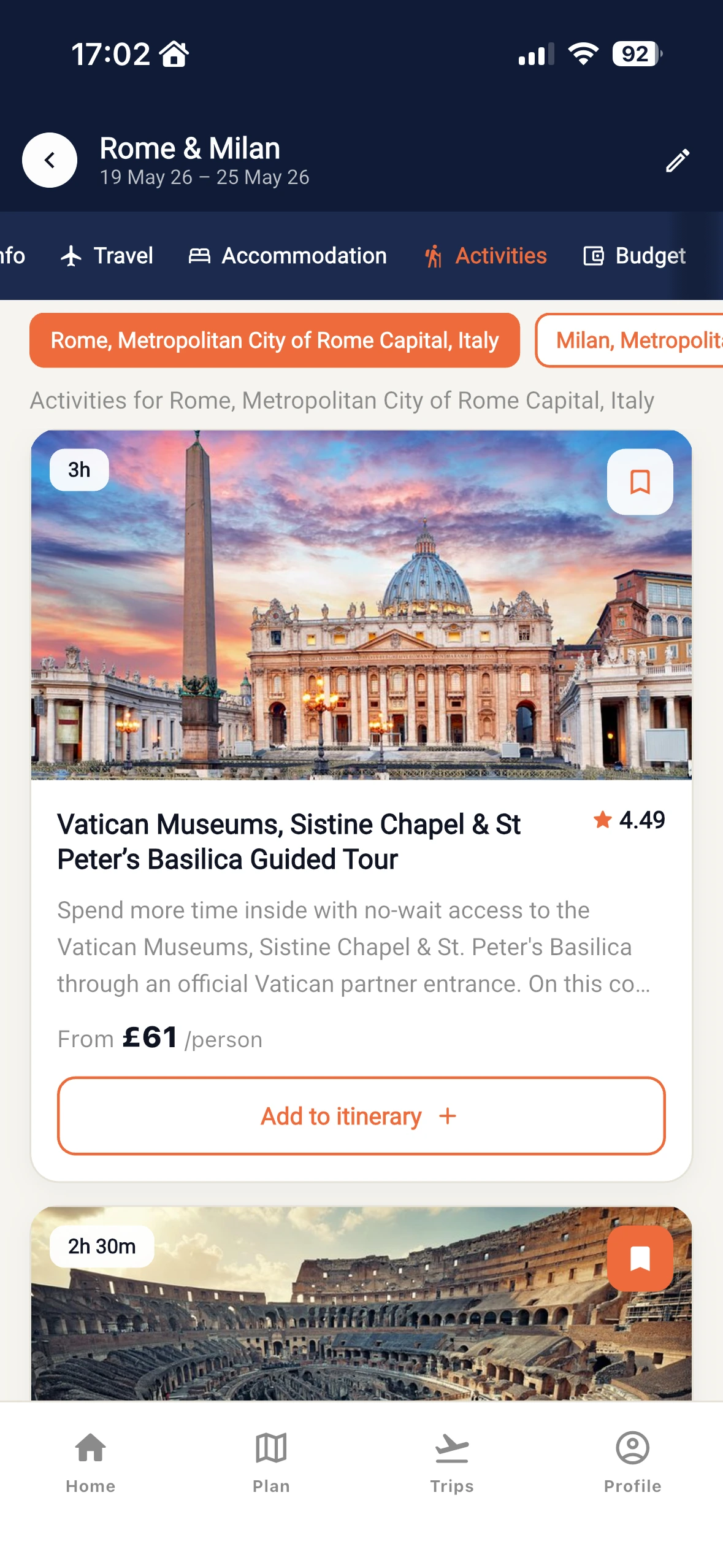 Trips Together app: browsing activities at the destination
