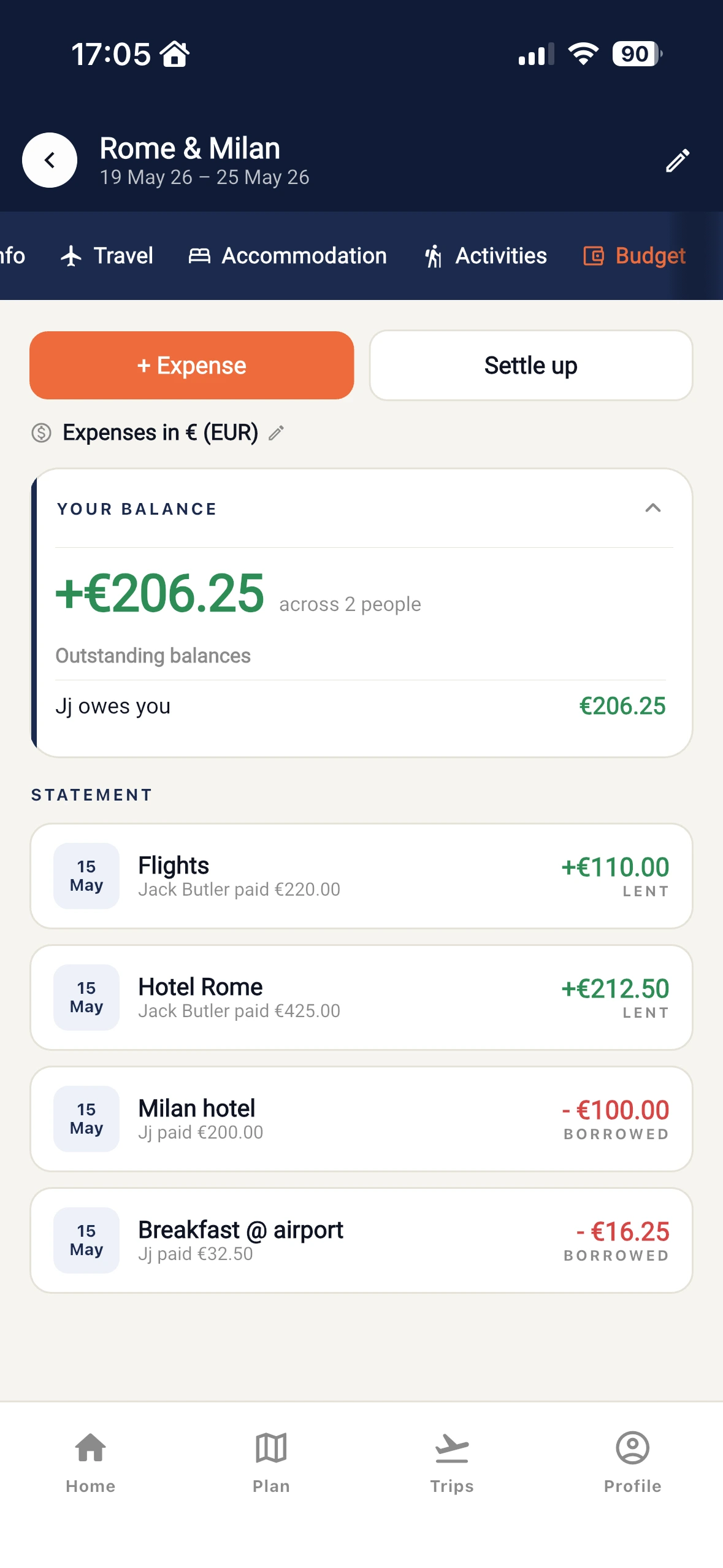 Trips Together app: group expenses split and settled
