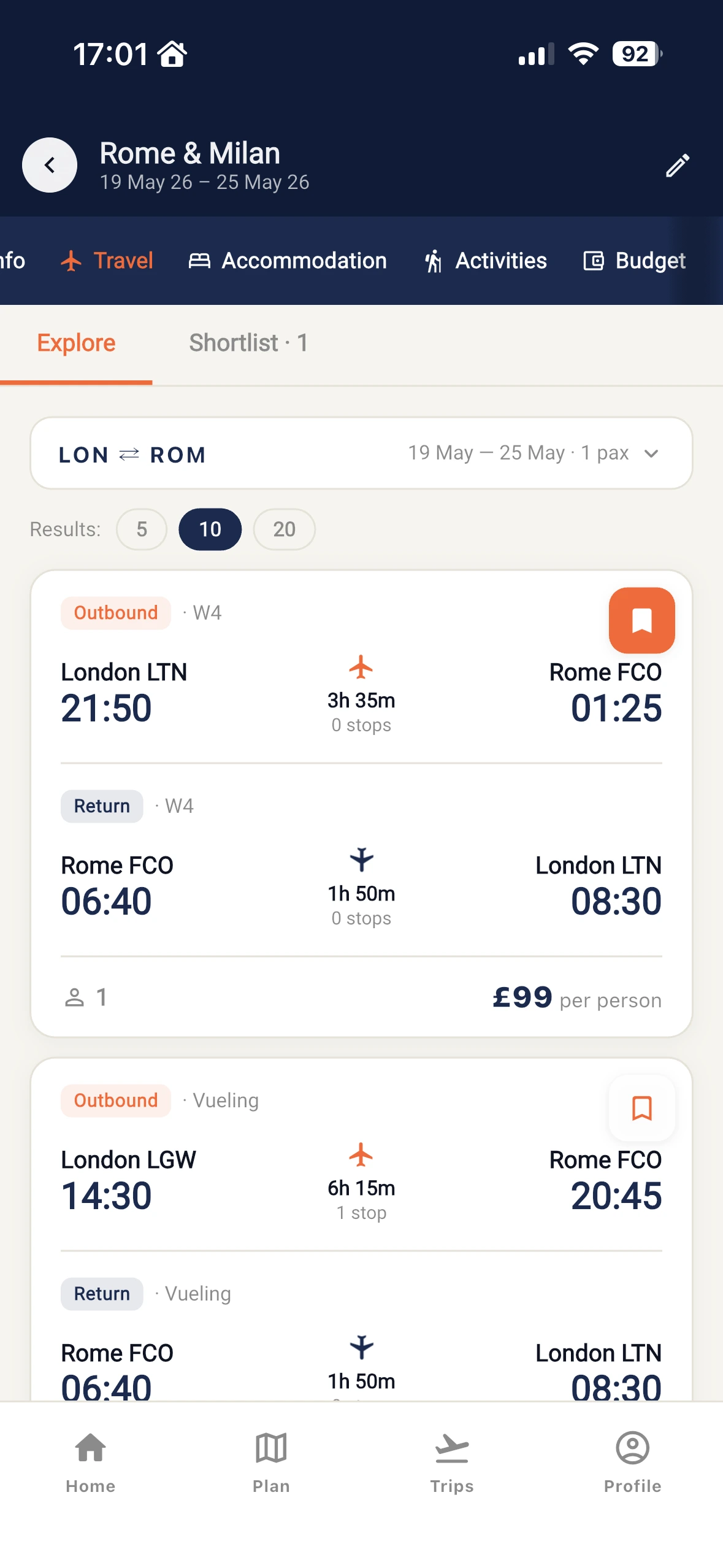 Trips Together app: flight results for the group