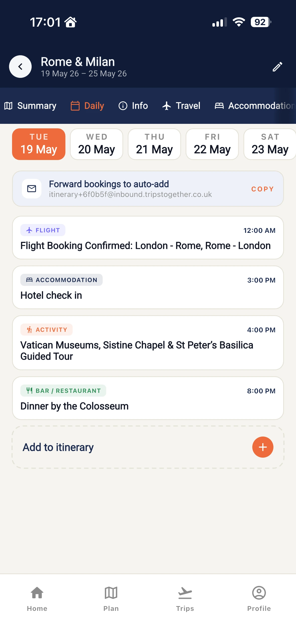 Trips Together app: the shared day-by-day itinerary