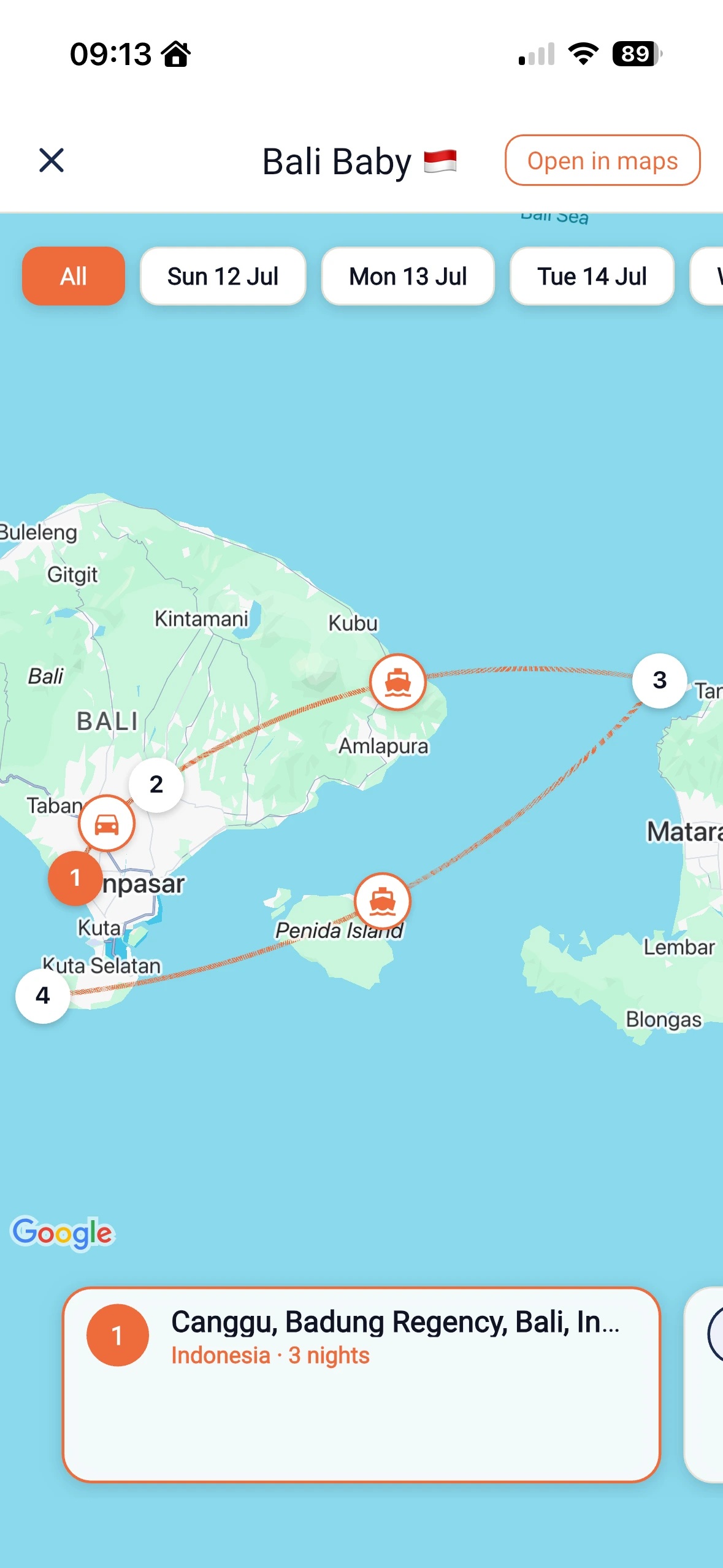 Trips Together app: a multi-stop route on the map
