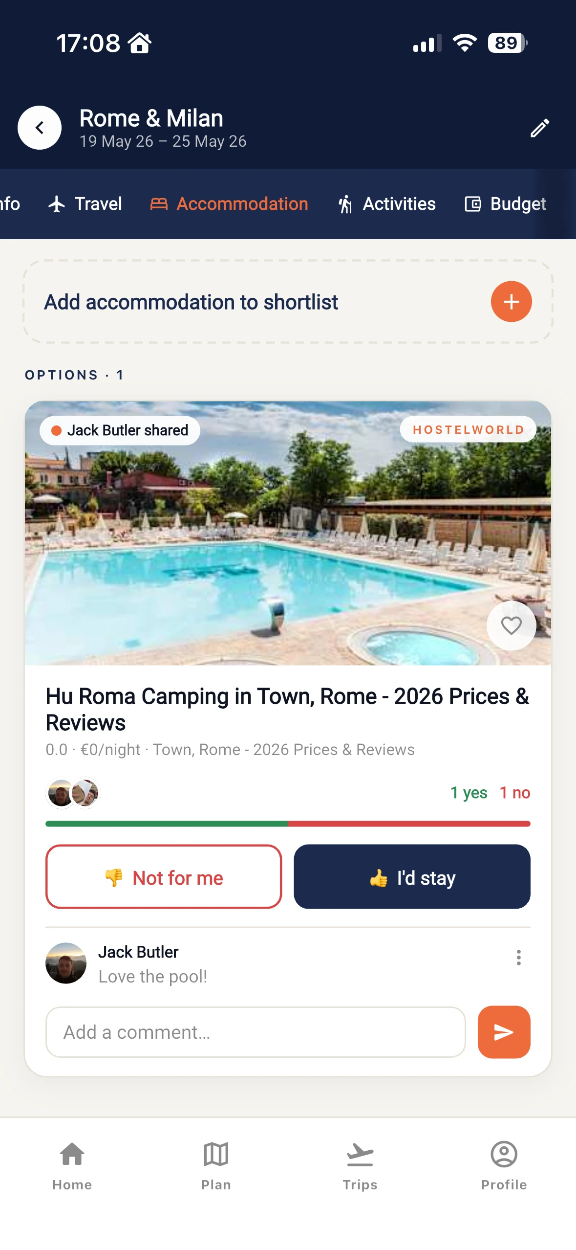 Trips Together app: voting on where the group stays