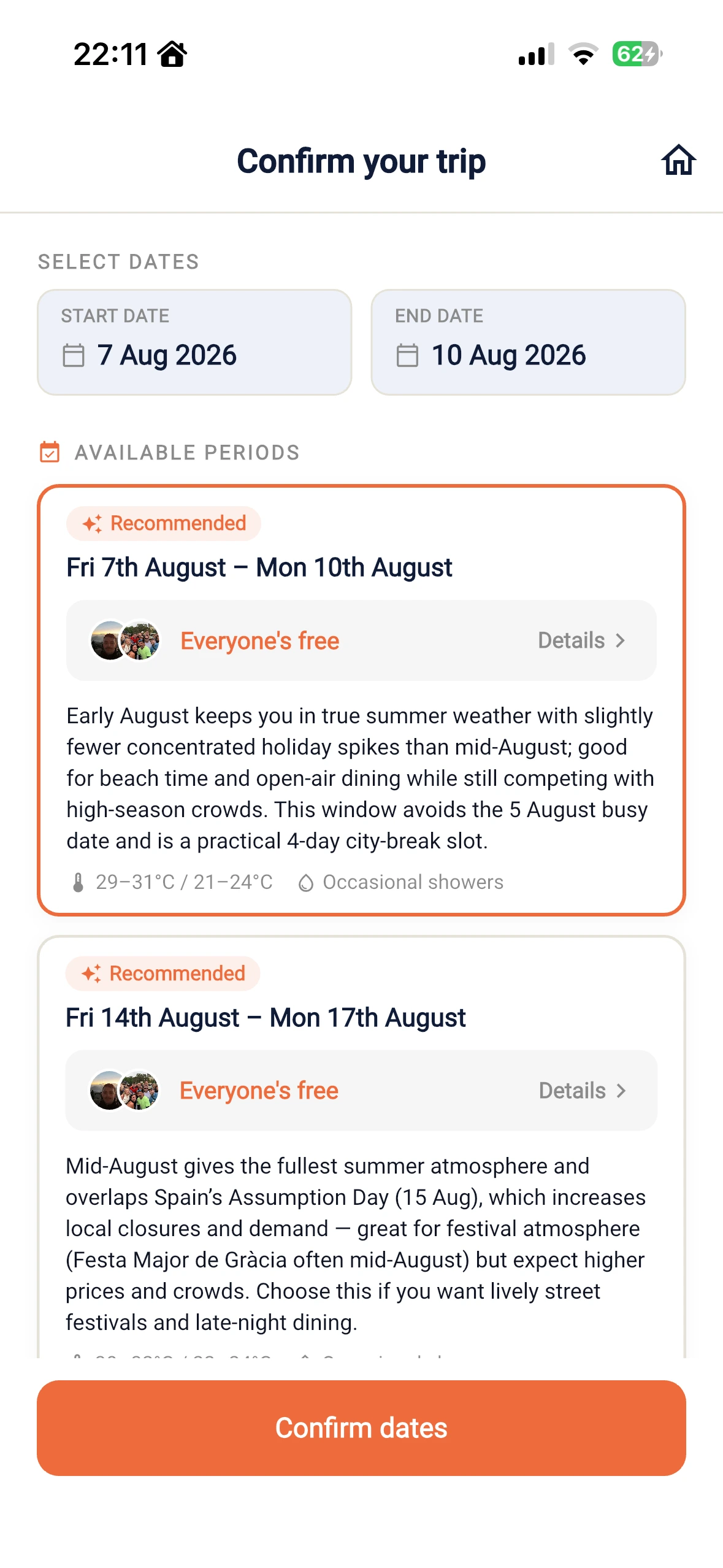 Trips Together app: confirming dates everyone can do
