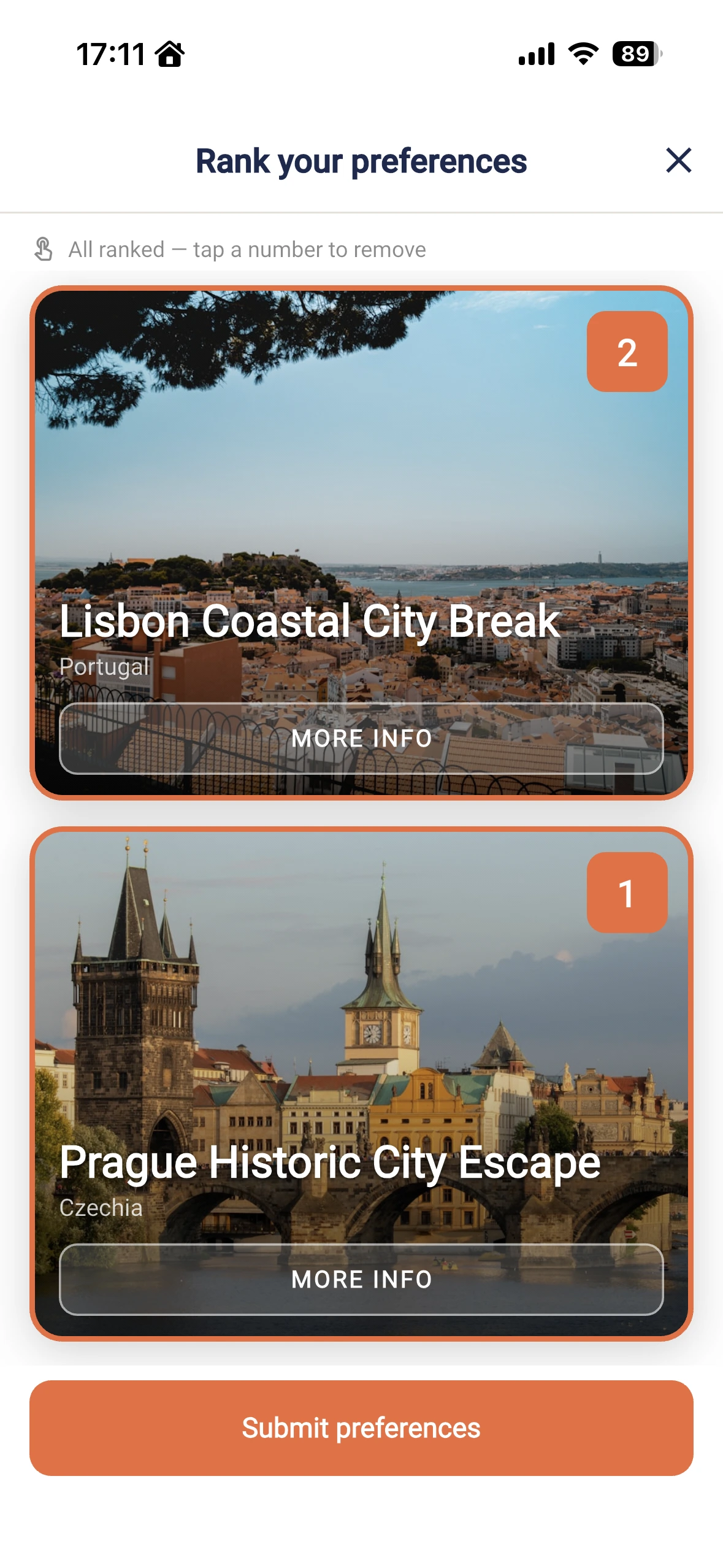 Trips Together app: the group votes on where to go